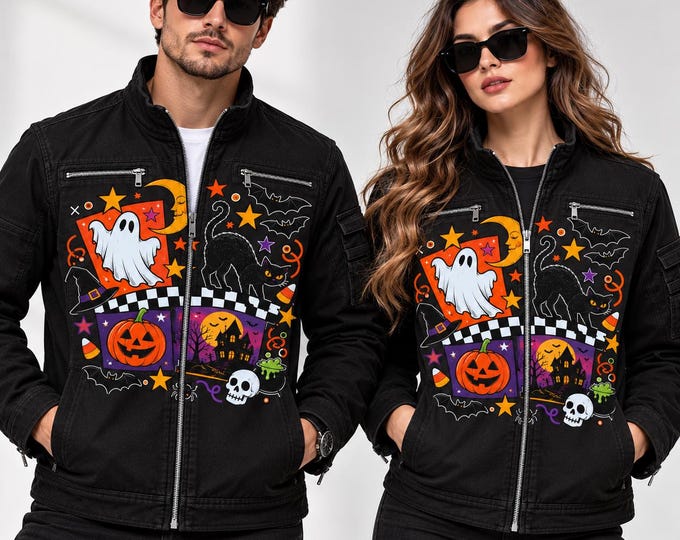 Featured listing image: Black Halloween Zip-Up Jacket, Spooky Gothic Collage Print, Alternative Fall Outerwear