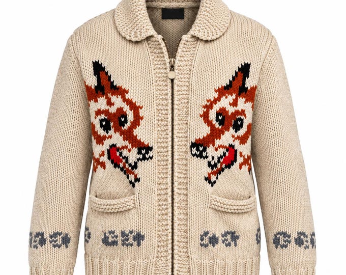 Featured listing image: Chunky Wool Fox Sweater, Zip-Up Shawl Collar Knit, Cowichan Style (Project Hail Mary)