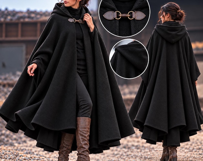 Featured listing image: Hooded Wool Cloak, Green Tweed Celtic Ruana Wrap, Medieval Cape, Irish Inspired Renaissance Costume