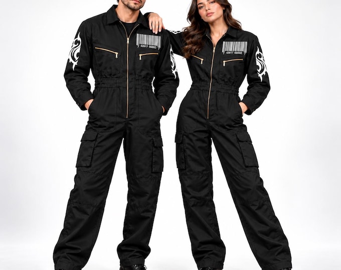 Featured listing image: Black Halloween Jumpsuit, Unisex Cargo Workwear, Gothic Coverall, Streetwear Mechanic Outfit, Halloween Costume