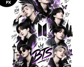Op de afbeelding: Een grafisch ontwerp met zeven leden van de muziekgroep BTS, omringd door paarse bloemaccenten, een maan, een kroon, een lantaarnpaal, een cassettespeler en een koptelefoon. Tekst bevat BTS, RM, SUGA, J-Hope, Jimin, Jin, V, Music Connects Us, Forever ARMY en 7 Hearts 1 Dream.