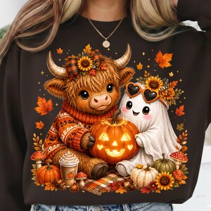 Highland Cow Ghost PNG, Cute Fall PNG, Autumn Cow Sublimation, Spooky Season Ghost, Pumpkin Coffee PNG, Cozy Fall Shirt Design