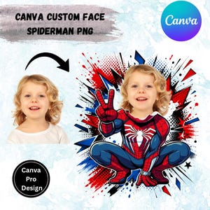 Puede incluir: Una plantilla de diseño gráfico digital que integra el rostro de un niño en una ilustración de superhéroe Spiderman. La imagen incluye el retrato de un niño, una flecha negra y un fondo de estilo cómic con elementos rojos, azules y negros.