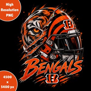 May include: A graphic illustration featuring an orange and black football helmet with a tiger eye design and claw marks. The word BENGALS is written in large orange letters below the helmet, accompanied by the team logo on the side and bottom.