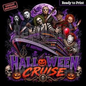 May include: A graphic illustration featuring iconic horror characters on a cruise ship named S.S. NIGHTMARE, with the text HALLOWEEN CRUISE, a large purple moon, pumpkins, skulls, and a red balloon against a dark background with purple smoke effects.