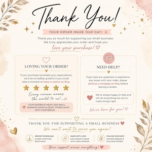 May include: A cream-colored thank you card featuring watercolor leaf accents and gold stars. Text includes Thank You!, Loving Your Order?, Need Help?, and instructions for leaving reviews or contacting the shop for support on Etsy.