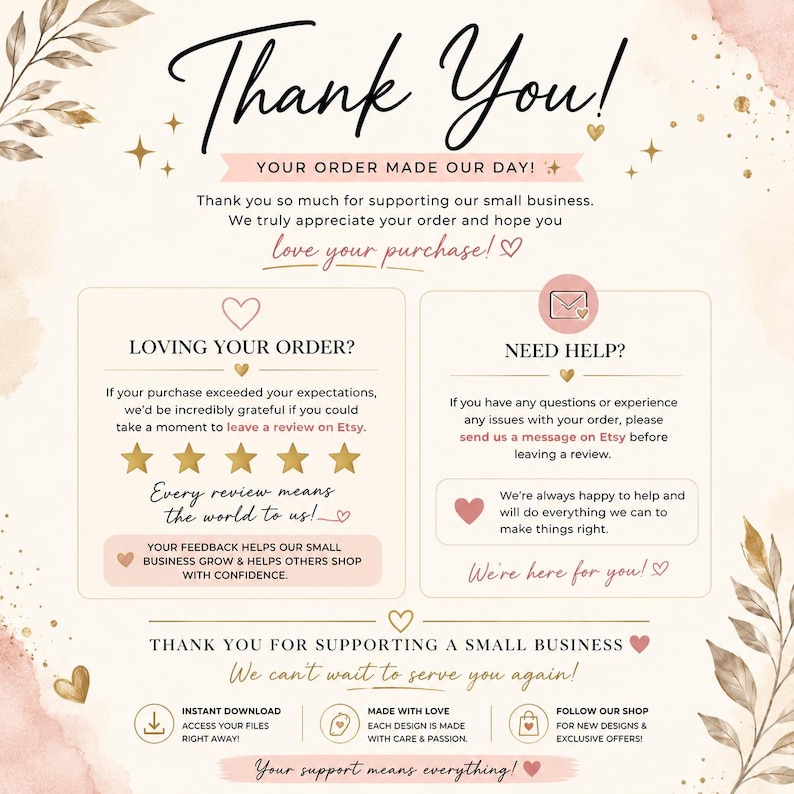 May include: A cream-colored thank you card featuring watercolor leaf accents and gold stars. Text includes Thank You!, Loving Your Order?, Need Help?, and instructions for leaving reviews or contacting the shop for support on Etsy.