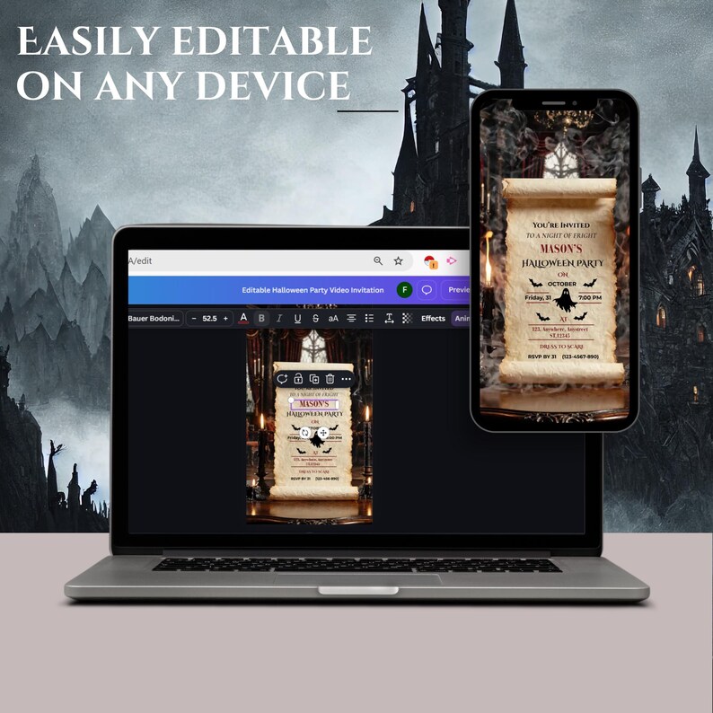 May include: A laptop and a smartphone displaying an editable Halloween party invitation template. The invitation features a scroll design with text reading Mason's Halloween Party, a ghost graphic, and bats. The screen shows editing software tools.