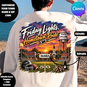 May include: A cream-colored t-shirt featuring a graphic print of a football field at sunset. The design includes a water tower labeled Stars Hollow, a scoreboard with the number 06482, a football helmet, a football, and text reading Friday Lights, Hometown Pride.