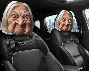 Housse d'appui-tête de voiture drôle de visage de vieille dame, décoration de siège automatique de nouveauté pour une farce