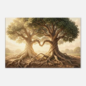 May include: Two large trees with thick, textured trunks and expansive green leafy canopies. The branches of the two trees curve toward each other in the center, forming a distinct heart shape above the exposed, gnarled roots on the ground.