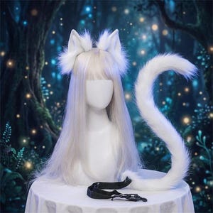 Diadema y cola de gato de felpa sintética – Accesorios realistas para disfraces de cosplay de animales