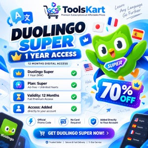 May include: A digital promotional graphic for Duolingo Super 1-year access featuring the green owl mascot, a 70% off badge, and a list of plan benefits including ad-free usage and unlimited hearts, with a prominent button labeled Get Duolingo Super Now.