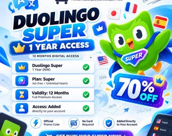 Subskrypcja Duolingo Super 1 rok, kod kuponu na 12-miesięczną aktualizację, nauka hiszpańskiego, francuskiego, niemieckiego, angielskiego, nielimitowane serca, dostawa cyfrowa