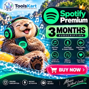 Puede incluir: Una nutria marrón con auriculares verdes y negros flotando en un anillo amarillo en el agua. La imagen muestra el texto Spotify Premium 3 MONTHS SUBSCRIPTION, iconos de funciones musicales y un botón rosa con el texto BUY NOW.