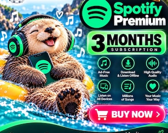May include: A brown otter wearing green and black headphones while floating on a yellow ring in water. The image features the text Spotify Premium 3 MONTHS SUBSCRIPTION, icons for music features, and a pink button with the text BUY NOW.