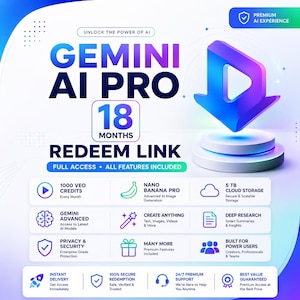 Può includere: Una pubblicità digitale per Gemini AI Pro, con un logo blu e viola che mostra "GEMINI AI PRO" e "18 MESI LINK RISCATTO." Le icone evidenziano funzionalità come l'archiviazione cloud, la generazione avanzata di immagini AI e la consegna immediata. La grafica promuove un'esperienza AI premium.