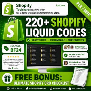 Könnte beinhalten: Grüne und weiße Grafik, die Shopify-Tools bewirbt. Das Bild zeigt eine Einkaufstasche, einen Computerbildschirm mit Code und den Text "220+ Shopify Liquid Codes". Enthält eine Bonus-Checkliste und Kundenreferenzen.