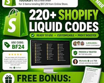 Pakiet ponad 220 kodów Shopify Liquid | Biblioteka niestandardowych kodów Shopify | Prawa PLR/MRR | Działa z dowolnym motywem | Pobieranie cyfrowe