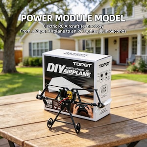 May include: A black remote-controlled DIY airplane power module with a landing gear frame and propellers, positioned in front of its white product box labelled TOPGT DIY AIRPLANE, featuring text about electric RC aircraft technology.