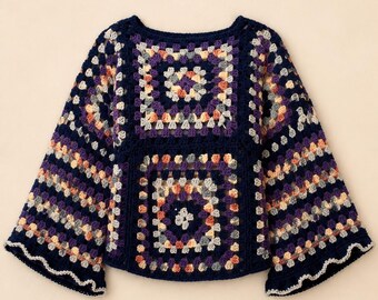 Suéter de crochê feito à mão com quadrados da vovó – Blusa de tricô estilo boho vintage
