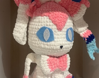 Sylveon Crochet Plush | Sylveon Amigurumi plsuh|  Handmade Pokémon Inspired Plushie | Large Amigurumi Sylveon | Gamer Gift | Anime Plush