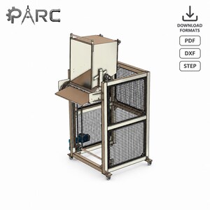 Puede incluir: Una representación técnica en 3D de una máquina industrial con una tolva rectangular beige, un marco de metal con paneles de seguridad de malla negra y un motor azul. La unidad está montada sobre ruedas pequeñas e incluye el texto PARC.
