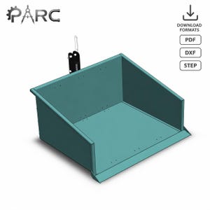 Könnte beinhalten: Ein türkisfarbener Metall-Kippbehälter mit schwarzem Anhängemechanismus. Das Bild enthält den Text PARC und ein Download-Symbol mit den Bezeichnungen PDF, DXF und STEP. Der Behälter hat eine abgeschrägte Vorderkante und sichtbare Schraublöcher.