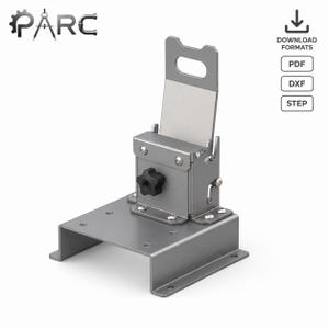May include: A silver-colored metal bracket with a black knob and a rectangular opening. The bracket has a base with multiple screw holes and a vertical support with a handle-like cutout. The image also includes the word "PARC" and download format options.