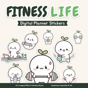 Op de afbeelding: Een set digitale plannerstickers met de titel FITNESS LIFE, met witte cartoonfiguren met kleine groene spruitjes op hun hoofd. De figuren sporten met een halter, kettlebell, loopband en drinken verschillende drankjes.