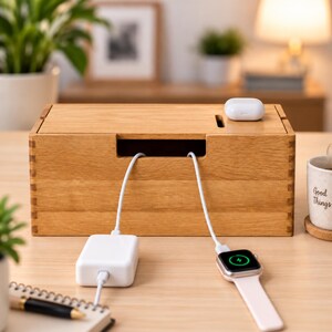 May include: A rectangular light brown wooden cable management box with finger-jointed corners. The box features a top slot for cables, a front opening for cords, a white power adapter, a white smartwatch charging, and a white wireless earbud case.