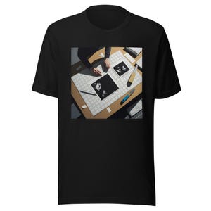 May include: A black t-shirt featuring a square graphic print of a person working on a grid-patterned desk. The print shows a person arranging black and white photographs, a metal ruler, a utility knife, and small paper scraps on a light surface.