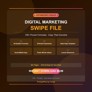 May include: Digital marketing swipe file with the text "DIGITAL MARKETING SWIPE FILE" and "COPYWRITER'S TOOLKIT". The image includes sections for headline formulas, email frameworks, sales page templates, social media copy, power words library, and launch sequences.
