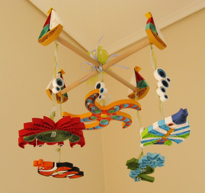 Handmade Quilled Baby Crib Mobile With Boats and Coral Reef Sea