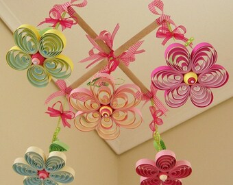 Baby Girl Mobile with Quilled Flowers and Pink Ribbon Bows 19A.