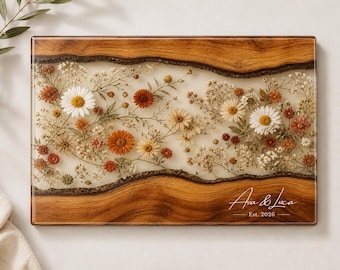 Tábua de corte floral personalizada, tábua de corte de madeira personalizada, tábua de charcutaria com flores silvestres, bandeja para servir queijos