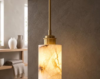 Ręcznie robiona lampa wisząca z mosiądzu i alabastru, oprawa sufitowa z naturalnego kamienia