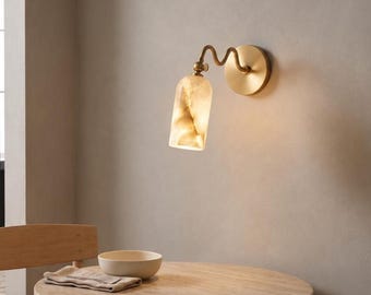 Alabaster Wall Sconce, Handmade Brass Lamp, Fluted Wall Light, Mid Century Modern Sconce, Luxury Bedside Vanity Wall Light Fixture