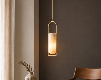 Messing Pendelleuchte, Alabaster Anhänger, Handgefertigte Messing Marmor Deckenleuchte, Hängende Steinschirm Lampe, Mid Century Modern Licht