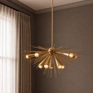 Brass Sputnik Chandelier, Starburst Atomic Light Fixture, Mid Century Modern Statement Ceiling Light, Sculptural Retro Luxury Lighting