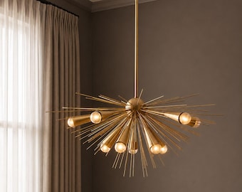 Messing Sputnik kroonluchter, Starburst Atomic lamp, Mid Century Modern statement plafondlamp, sculpturale retro luxe verlichting