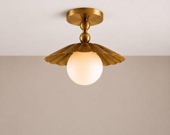 Semi Flush Mount Messing Deckenleuchte, Frosted Globe Deckenleuchte, Mid Century Scalloped Lamp, Eingangsbereich Flur Beleuchtung