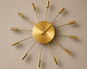 Wanduhr aus Messing mit Sonnenmotiv, Mid-Century-Modern-Stil, Sternenuhr im George-Nelson-Stil, Retro-Wanduhr im Atom-Look für Wohnzimmer/Büro