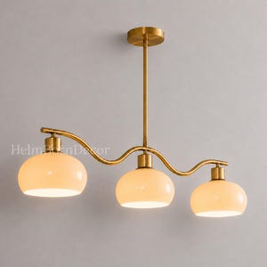 Modern Brass Chandelier, Mid Century 3 Light Pendant, Wave Linear Dining Room Light, Metal Shade Ceiling Lamp, Minimalist Decor