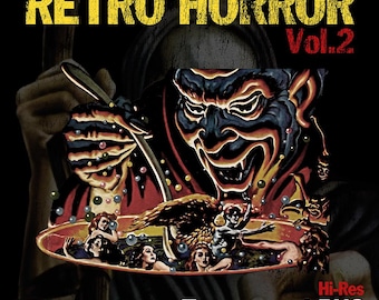 May include: A digital graphic titled RETRO HORROR Vol.2 featuring a dark, illustrated scene of a demonic figure stirring a cauldron filled with small figures and floating spheres. The text reads RETRO HORROR Vol.2, 15 Elements, and Hi-Res Transparent PNG.
