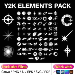 May include: A digital collection titled Y2K ELEMENTS PACK featuring a grid of white graphic icons on a black background. The set includes stars, sparkles, globes, flowers, hearts, and abstract shapes. Text at the bottom lists file formats and software.