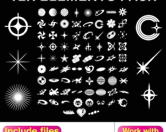 May include: A digital collection titled Y2K ELEMENTS PACK featuring a grid of white graphic icons on a black background. The set includes stars, sparkles, globes, flowers, hearts, and abstract shapes. Text at the bottom lists file formats and software.