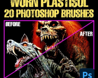 May include: A digital graphic displaying WORN PLASTISOL 20 PHOTOSHOP BRUSHES with a before and after comparison of a monster illustration. The image features a split diagonal line, the text BEFORE and AFTER, and a blue Adobe Photoshop Ps icon.