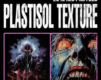 May include: A digital collection titled Plastisol Texture featuring 20 hi-res PNG files. The graphic displays white text on a black background with two framed images: one showing a dark figure amidst lightning and a city, the other a close-up of a face.