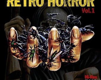 May include: A digital graphic titled RETRO HORROR Vol.1 featuring a pair of hands cupped together, overflowing with various dark-colored insects. The text 15 Elements and Hi-Res Transparent PNG is displayed in red and white against a dark background.
